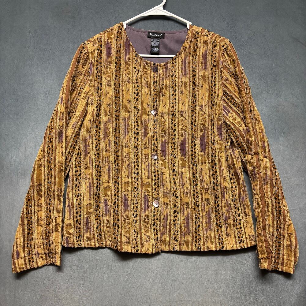 West End Textured Boho Jacket Women’s L Button Front Brown Gold India No Collar